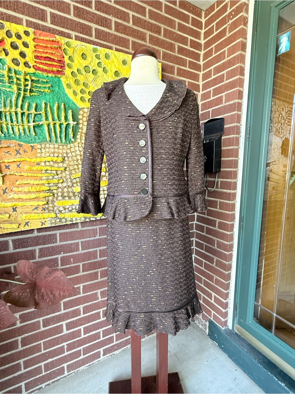 Doncaster Brown Tweed 2 PC  Skirt  Suit with Peplum and Ruffle Hem